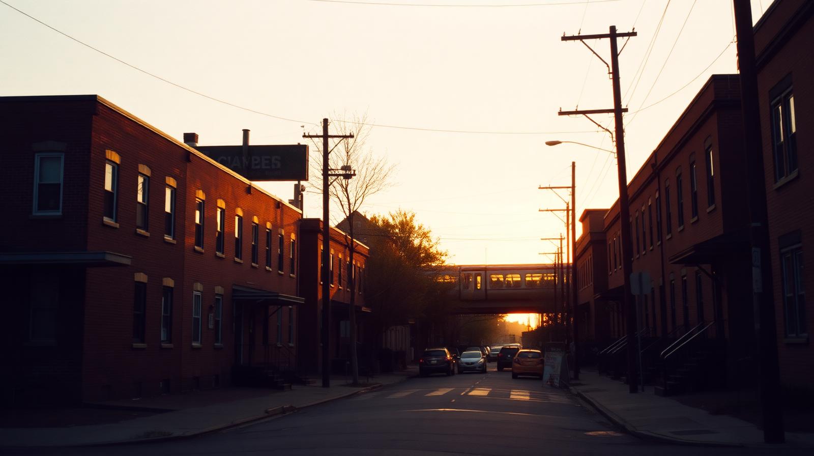 Golden-hour view down a quiet South Side Chicago street, brick two-flats lining a wet roadway with the Chicago 'L' viaduct in the distance.