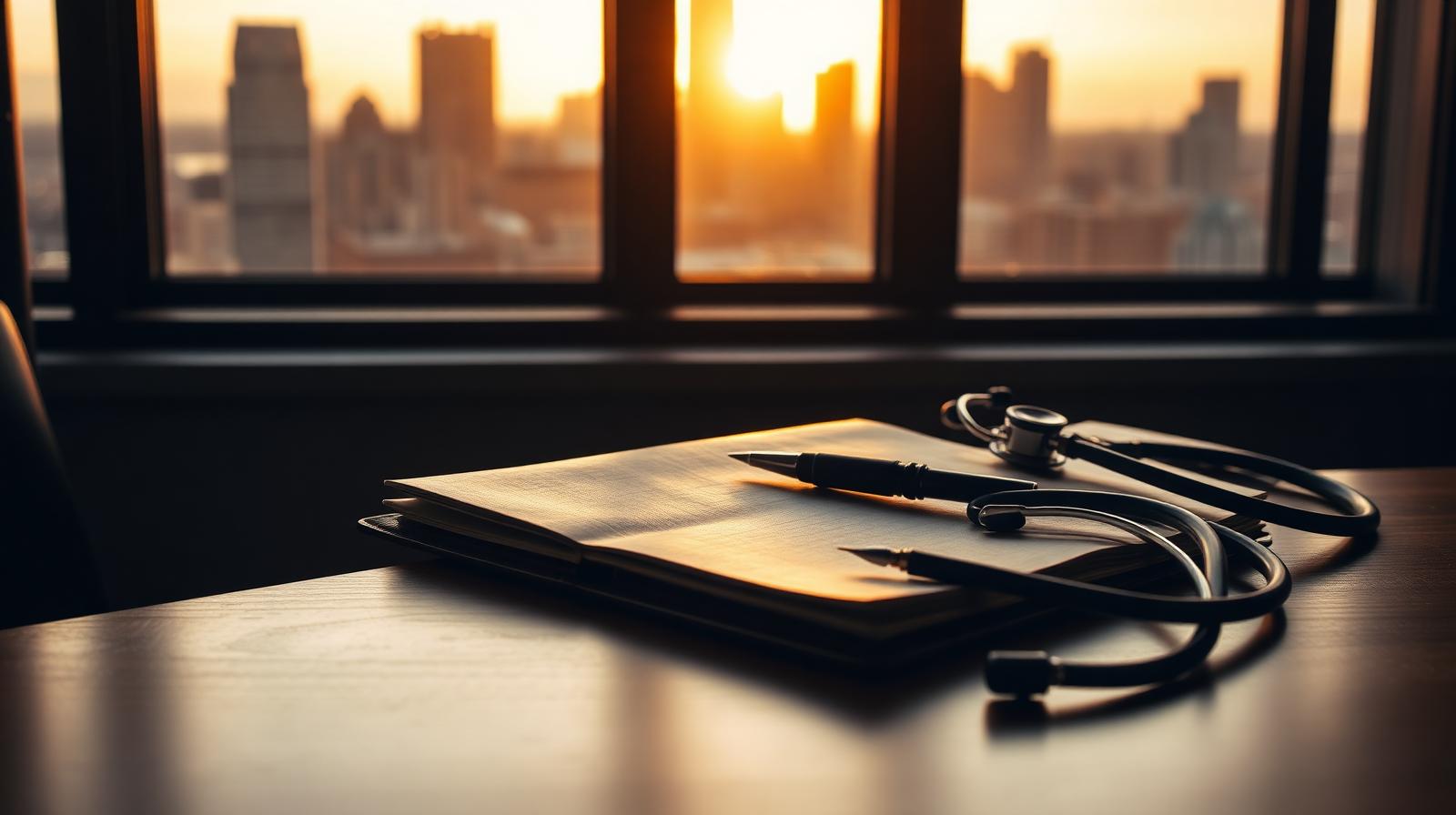 Sunset view through a Chicago office window onto a wooden desk with an open leather portfolio, fountain pen, and stethoscope, suggesting injury attorney case file documentation.
