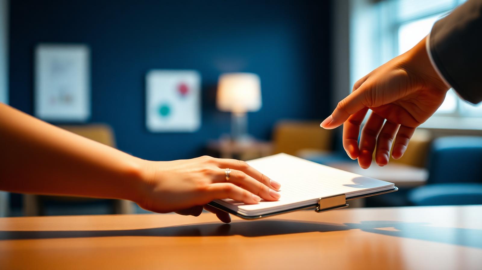 Two hands meeting across a clinic intake desk under a warm amber lamp, suggesting bilingual care coordination in a calm waiting area.