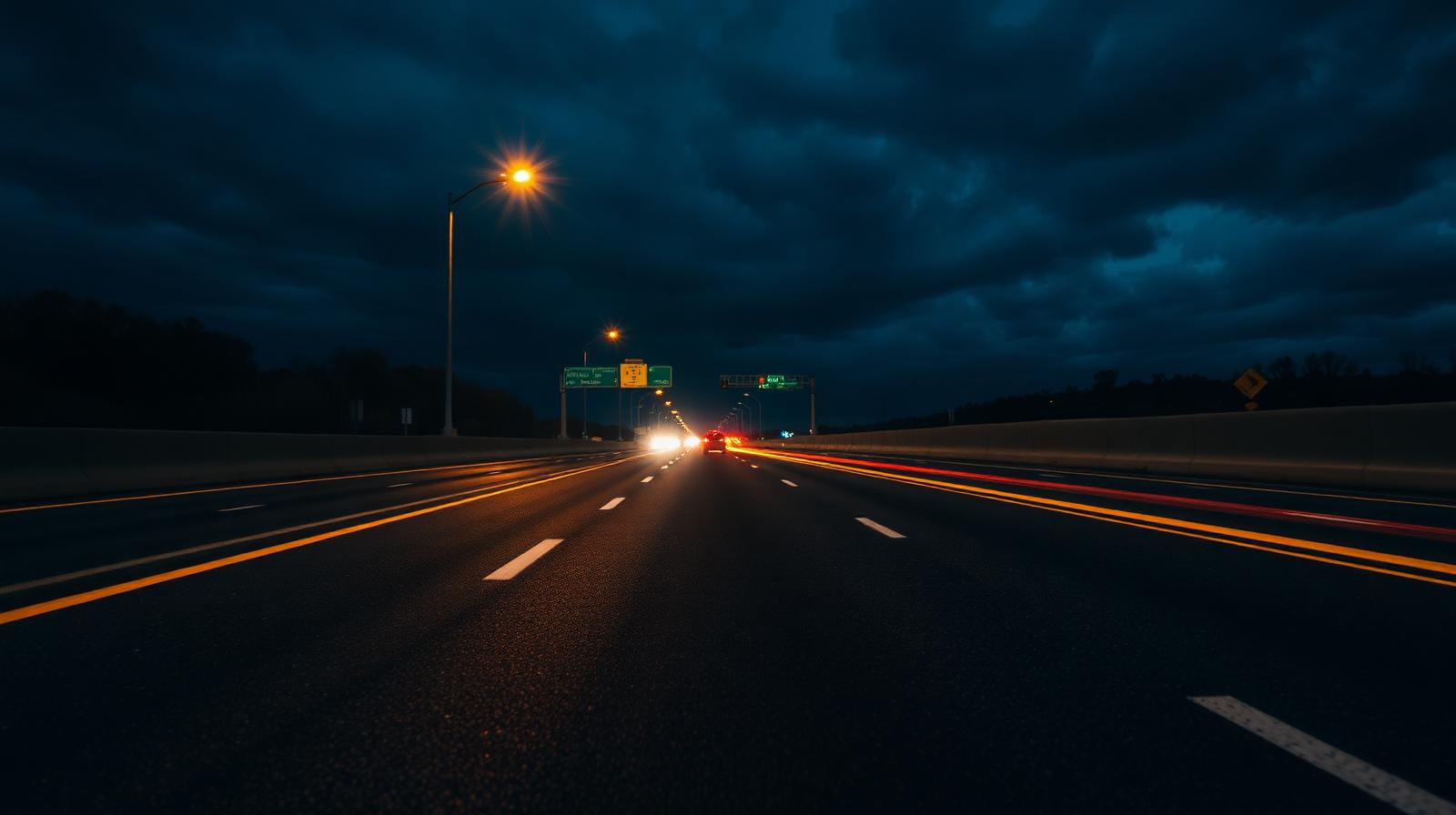 Wide low-angle view of a wet Chicago expressway at blue hour, taillights streaking into the distance under a single warm streetlight.