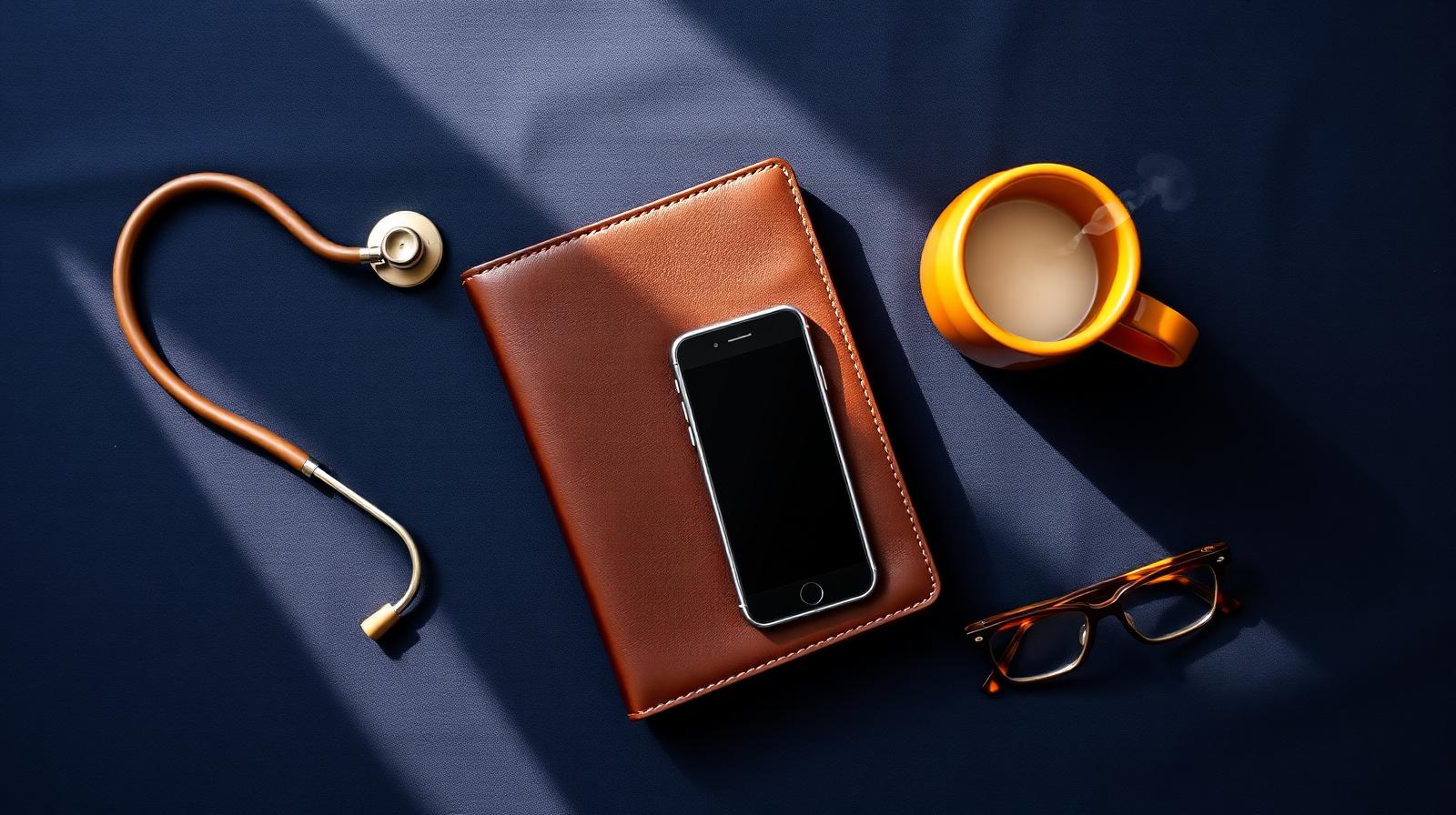 Vista cenital sobre superficie azul marino: estetoscopio, portafolio de cuero, smartphone, taza de café ámbar y lentes de lectura iluminados por luz cálida de ventana.
