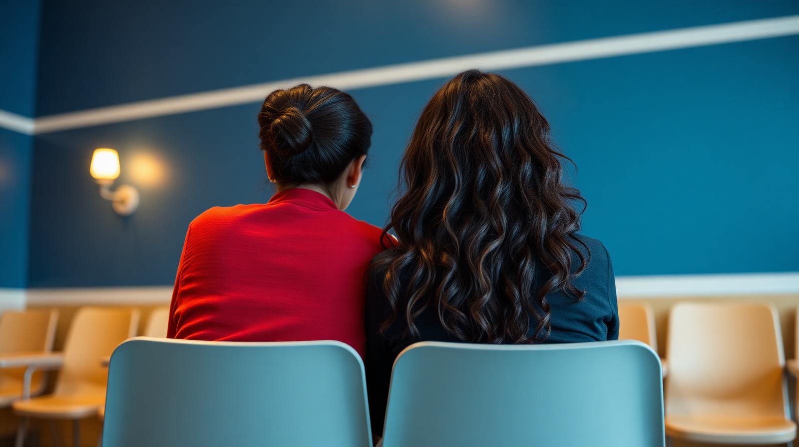 Una madre y su hija sentadas juntas en una sala de espera de clínica con paredes azul marino y luz cálida ámbar.