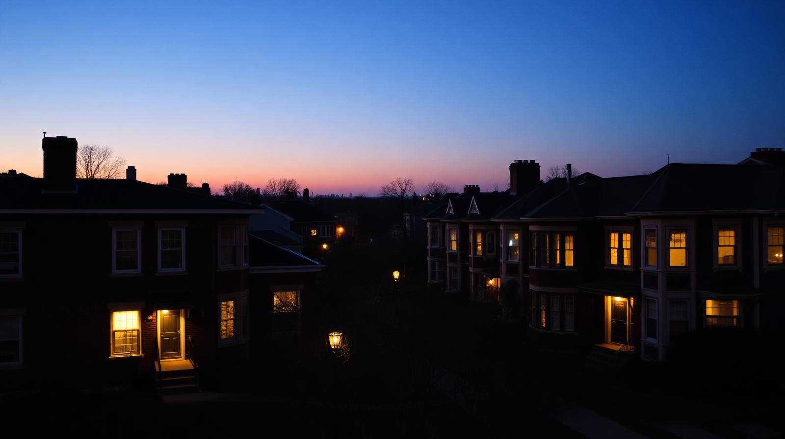 Twilight rooftop view of South Side Chicago row houses with warm porch lights glowing under a deep navy dusk sky.