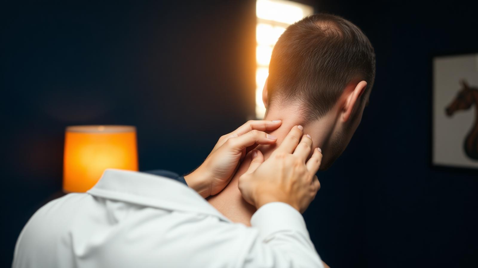 Acercamiento de las manos de un quiropráctico examinando suavemente la columna cervical de un paciente en una clínica del sur de Chicago con paredes azul marino y una lámpara cálida color ámbar.